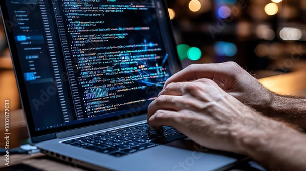 Fototapeta Hands typing code on laptop, vibrant screen, modern workspace, creative atmosphere.