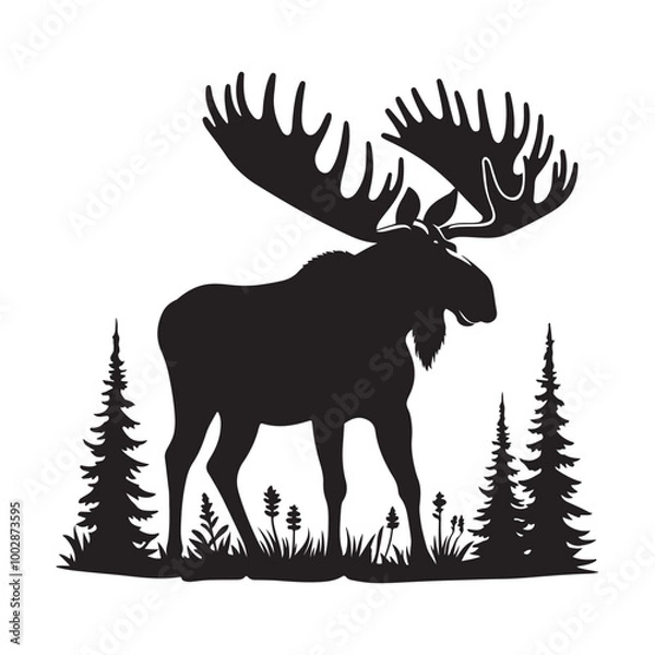 Obraz Moose Silhouette, Stylish icon, template, background, tattoo. Print for t-shirt. Hand drawn vector illustration, Moose black vector, isolated.