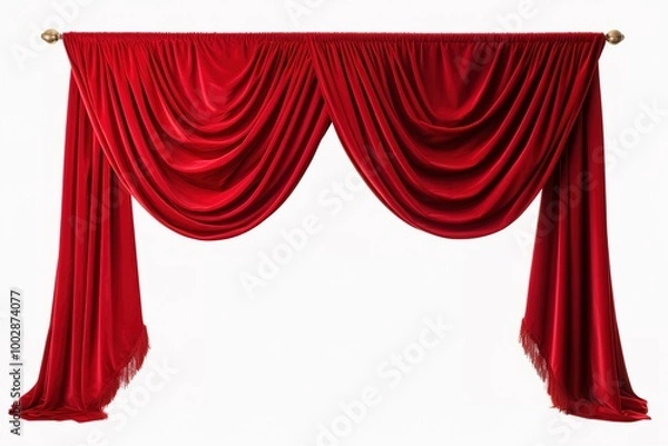 Fototapeta Red curtains on the stage. Velvet stage curtain with a lambrequin in the theater. Background and texture of luxurious drapery material.