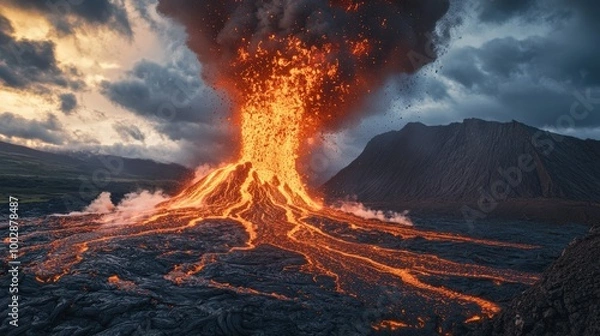 Fototapeta A powerful volcanic eruption unfolds at dusk, with bright lava flowing down the slopes and ash clouds billowing into the twilight sky, creating a dramatic natural spectacle