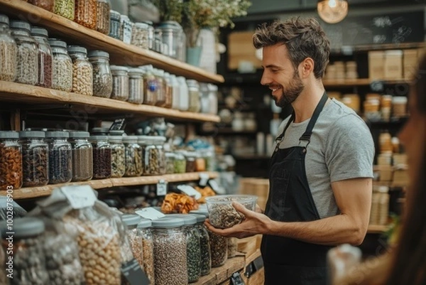 Obraz Handsome shop assistant serving customer in package-free store using reusable containers. Zero waste shops offering package-free bulk goods and sustainable, Generative AI