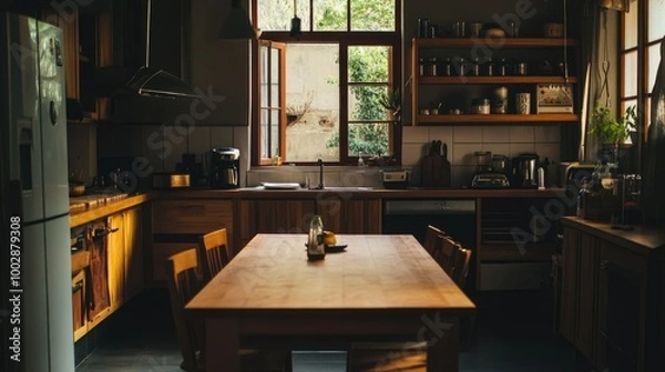 Obraz Create 20 prompts for stock photos related to Kitchen, complete with amenities There is a minimalist wooden table to sit and eat in the middle of the room. with 100-250 characters and ending with