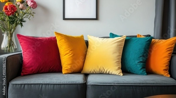 Fototapeta Vibrant, bold cushions on a stylish sofa, complemented by fresh flowers in a vase and a mock-up poster frame on the wall. The setup exudes warmth and modern charm.