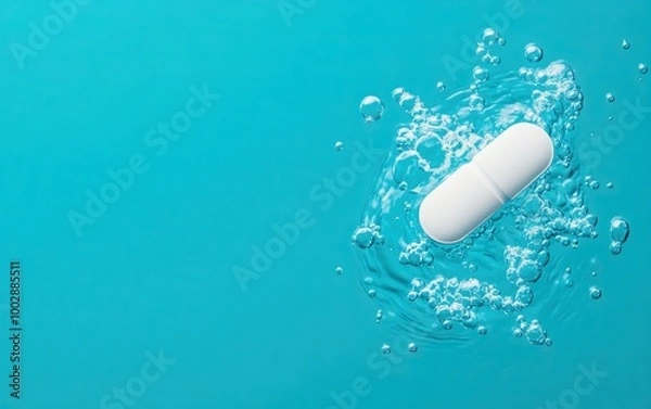 Obraz A single white capsule floating on a turquoise water surface, creating gentle ripples and bubbles around it, symbolizing health and wellness.