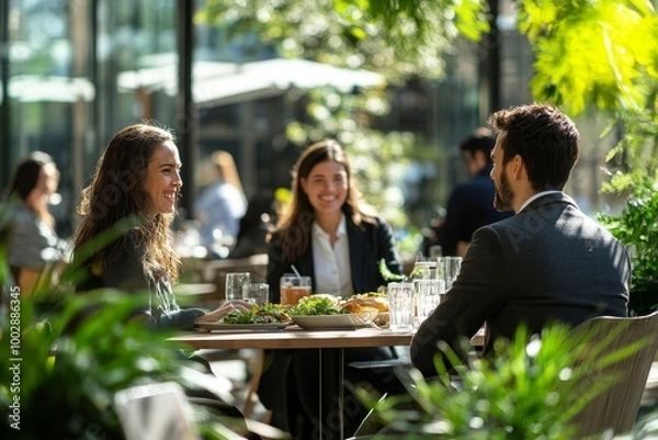 Fototapeta Happy business people having a lunch break outside office, Generative AI