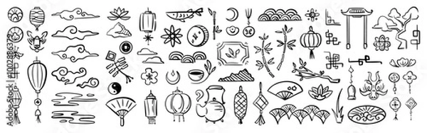 Obraz Asian ornaments and chinese elements. Vector isolated sketch outline of paper lanterns and clouds, tea ceremony pot and cup, bamboo tree and temple gate. Dragon and bell, mountains and nature