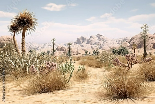 Fototapeta Desert landscape, dry grass and yellow sand