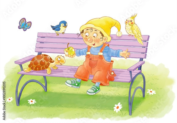 Fototapeta Our favorite pets. A cute and funny gnome with his favorite tortoise . Illustration for children. Cute and funny cartoon characters. Character design. 