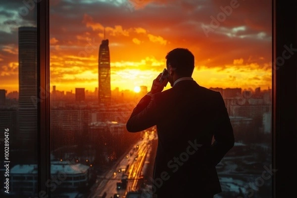 Fototapeta Silhouette of a hispanic businessman talking on the phone while standing near a panoramic window of a luxury office skyscraper with a roadway and a high-rise with a spire outside, Generative AI