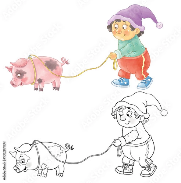Fototapeta Our favorite pets. A cute and funny gnome with his favorite piglet. Illustration for children. Cute and funny cartoon characters. Character design. 
