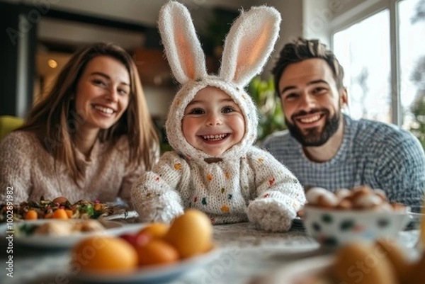 Obraz Happy family having Easter dinner together in their home, Generative AI