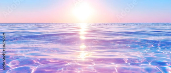 Obraz Serene Sunset Sea: A breathtaking panorama of the sea at sunset, with the golden light reflecting off the gentle waves. The sky is ablaze with vibrant hues of pink, orange, and purple.