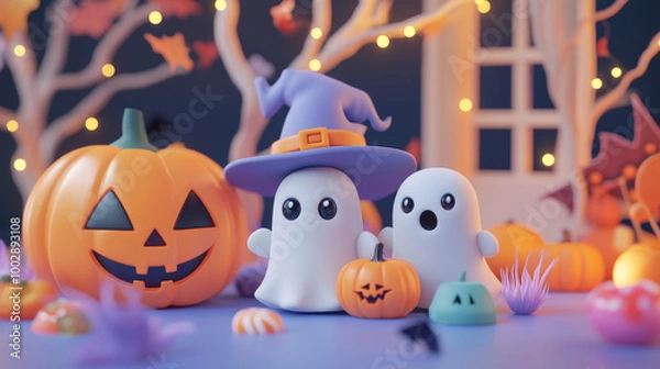 Fototapeta Cute 3D Halloween decorations featuring ghosts, pumpkins, and bats.  There's a witch's hat, candy, and monster characters. It's perfect for a spooky party!