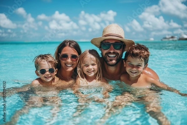 Fototapeta Happy family with little son enjoying time in sea in exotic country, Generative AI