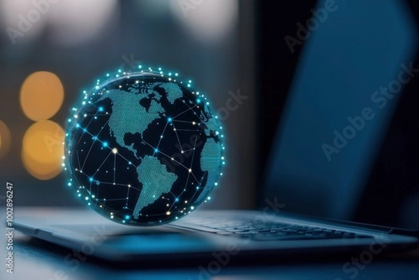 Fototapeta A digital globe with glowing connections between office workers on laptops, symbolizing global connectivity and technology in business