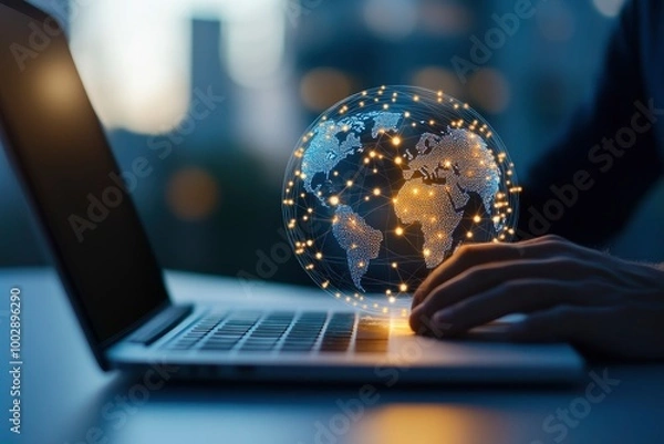 Fototapeta A digital globe with glowing connections between office workers on laptops, symbolizing global connectivity and technology in business