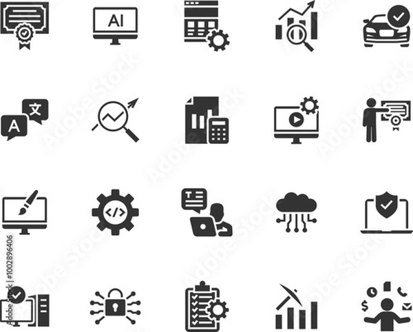 Fototapeta Vector set of hard skills flat icons. Contains icons computer skill, cyber security, project management, accounting, data analysis, software development, video editing and more. Pixel perfect.
