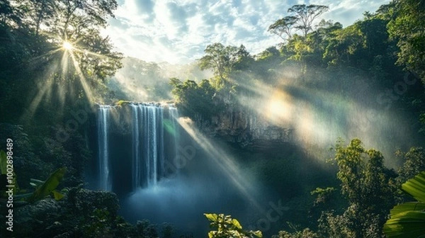 Fototapeta Sunrise illuminates a stunning tropical waterfall, with water cascading down rocky cliffs. The surrounding greenery sparkles with dew, creating a serene oasis in nature