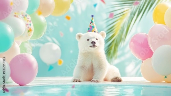 Fototapeta A cute polar bear cub wearing a colorful party hat sits by a pool surrounded by vibrant balloons under a palm tree. Creative animal birthday party concept.