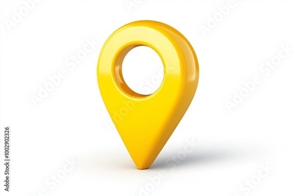 Fototapeta Yellow 3D location pin symbol isolated on a white background, representing navigation, map markers, and travel destinations in digital design., Generative AI