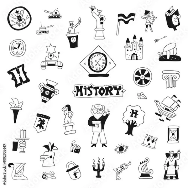 Obraz  Symbols of history doodle set, hand drawn people characters, historical monuments, objects and signs isolated vector elements