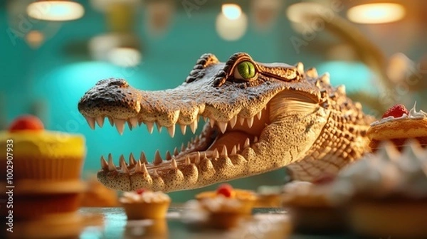 Fototapeta Crocodile model with cupcakes, colorful background, playful and creative setting.