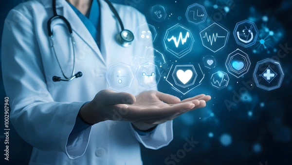 Fototapeta Doctor Presenting Digital Health Icons with Medical Technology Interface