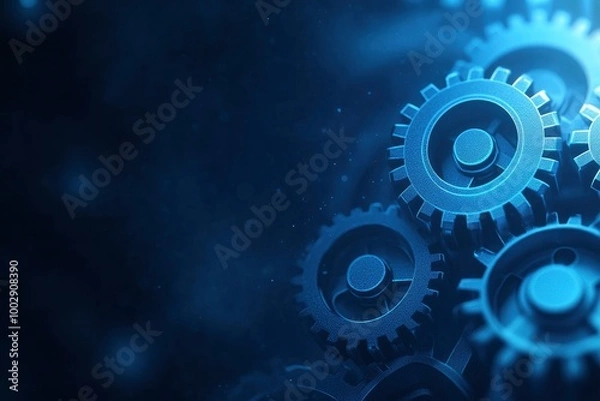 Fototapeta Blue gears and cogs on a dark background, a technology banner design for the industrial concept