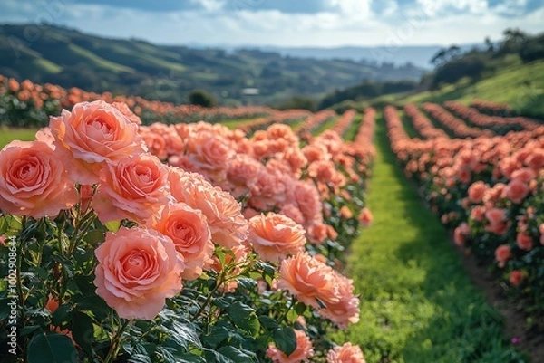 Fototapeta A field of pink roses with a clear blue sky in the background