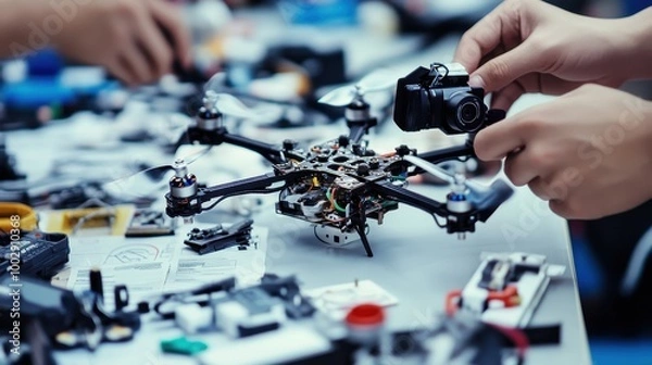 Fototapeta Drone Disassembly: Tech Enthusiast Using Precision Tools to Handle Components