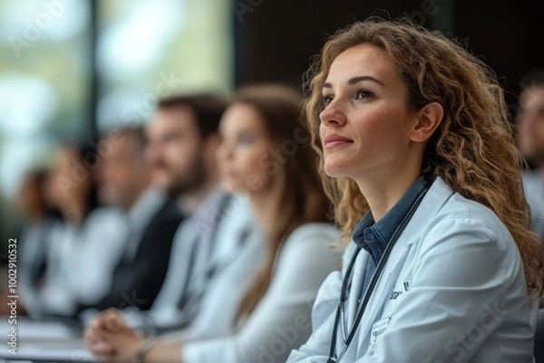 Obraz Group of doctors on conference, medical team sitting and listening speaker. Medical experts attending an education event, seminar in board room, Generative AI