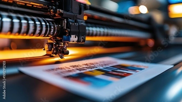 Fototapeta Close-up of a printer head working on a colorful printed sheet in a modern workshop.