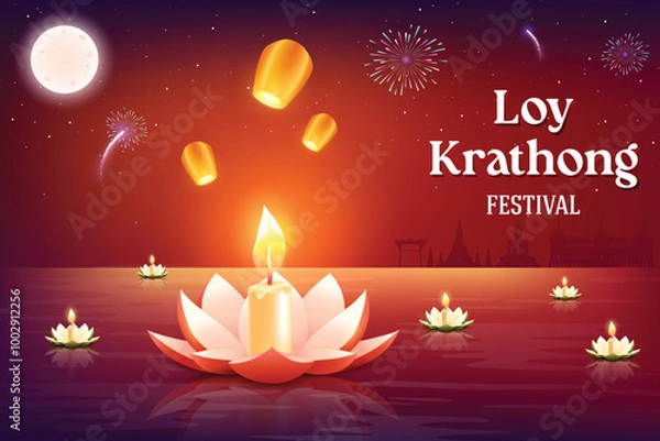 Fototapeta Loy Krathong Thai Culture Festive Celebration On Red Background. Lotus Flower Floating On River Water With Lanterns And Fireworks On Sky