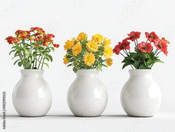 Fototapeta Collection of 3 beautiful flowers in isolated ceramic jars on a white background. 3D rendering.