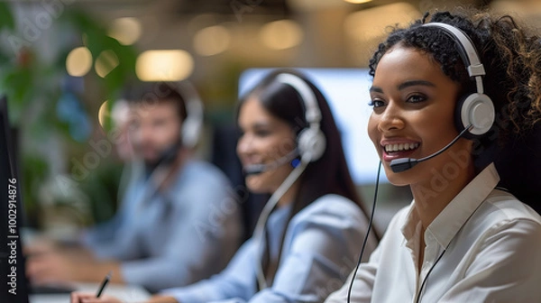 Obraz call center agent assists customers while using a headset, showcasing a professional and engaging work environment.