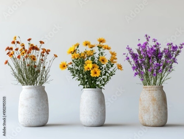 Fototapeta Collection of 3 beautiful flowers in isolated ceramic jars on a white background. 3D rendering.