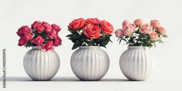 Fototapeta Collection of 3 beautiful flowers in isolated ceramic jars on a white background. 3D rendering.
