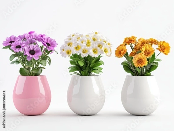 Fototapeta Collection of 3 beautiful flowers in isolated ceramic jars on a white background. 3D rendering.