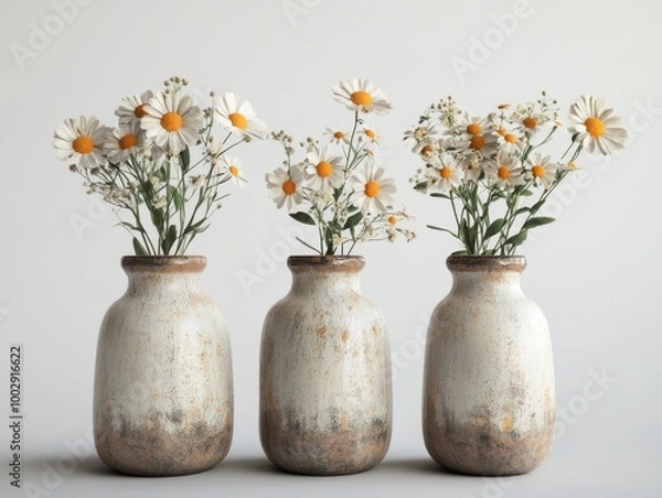 Fototapeta Collection of 3 beautiful flowers in isolated ceramic jars on a white background. 3D rendering.