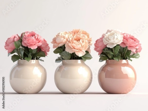 Fototapeta Collection of 3 beautiful flowers in isolated ceramic jars on a white background. 3D rendering.