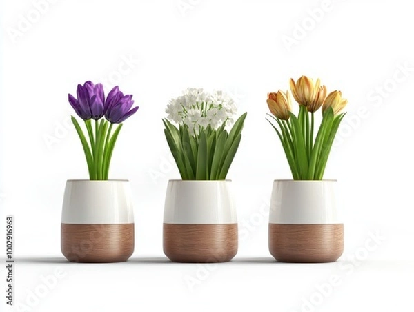 Fototapeta Collection of 3 beautiful flowers in isolated ceramic jars on a white background. 3D rendering.