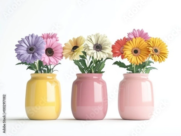 Fototapeta Collection of 3 beautiful flowers in isolated ceramic jars on a white background. 3D rendering.