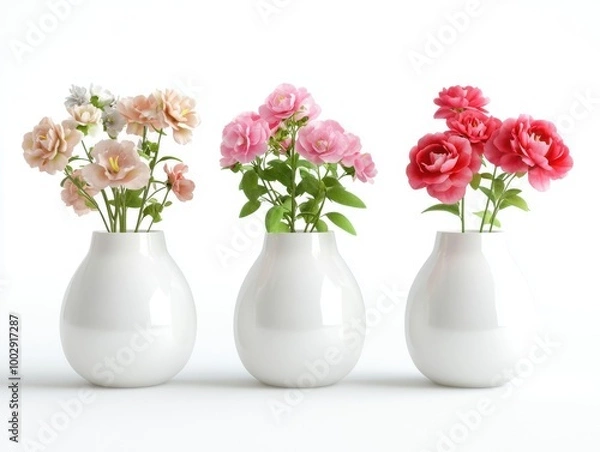 Fototapeta Collection of 3 beautiful flowers in isolated ceramic jars on a white background. 3D rendering.