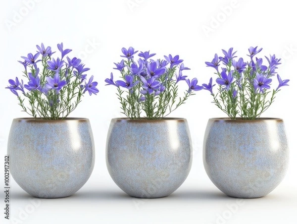 Fototapeta Collection of 3 beautiful flowers in isolated ceramic jars on a white background. 3D rendering.