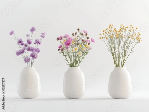 Fototapeta Collection of 3 beautiful flowers in isolated ceramic jars on a white background. 3D rendering.