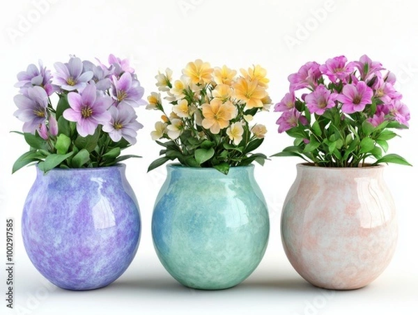 Fototapeta Collection of 3 beautiful flowers in isolated ceramic jars on a white background. 3D rendering.