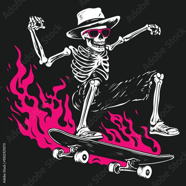 Fototapeta Skeleton Skateboarding with Flames
