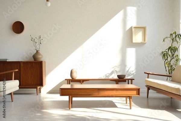 Fototapeta Minimalist, A Scandinavian interior photo of a modern living room with a wood cabinet and sofa and a wood table. Generative AI