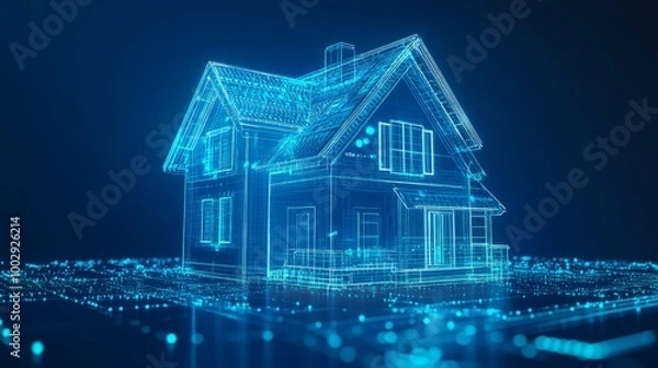 Fototapeta Creative smart house hologram on blue background. Artificial intelligence and virtual assistant concept. 3D Rendering