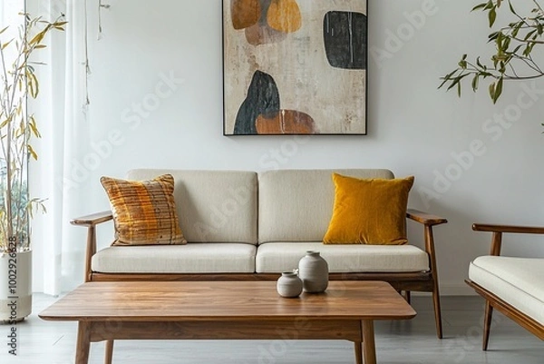 Fototapeta A photo of the mid-century modern interior of a living room with large windows and black sofas and ceiling lights. Generative AI
